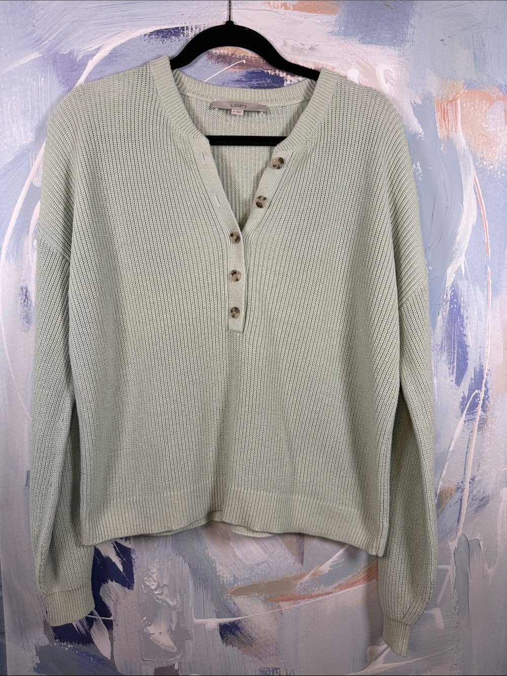LOFT 100% Cotton Henley Sweater Sage Mint Green Button Neck Pullover Size M